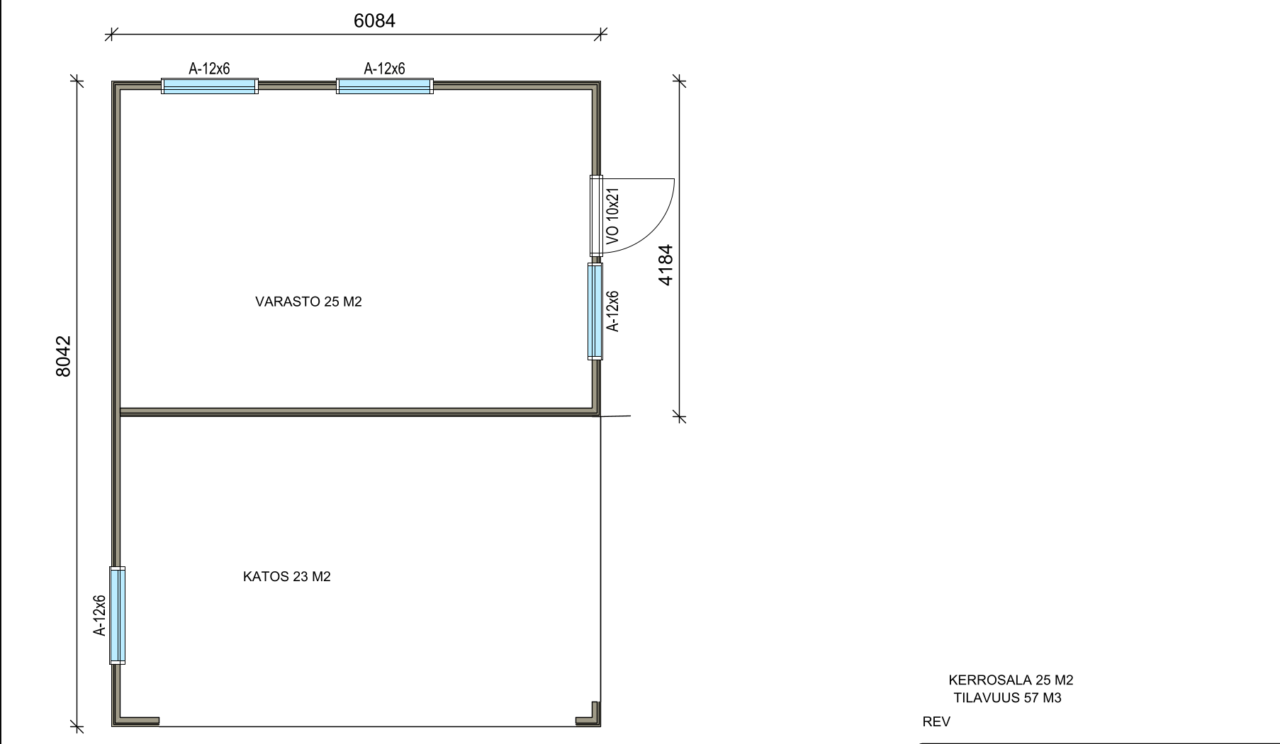 Autokatos ja lämmin varasto — pohjapiirustus, varasto 25 m² ja katos 23 m²