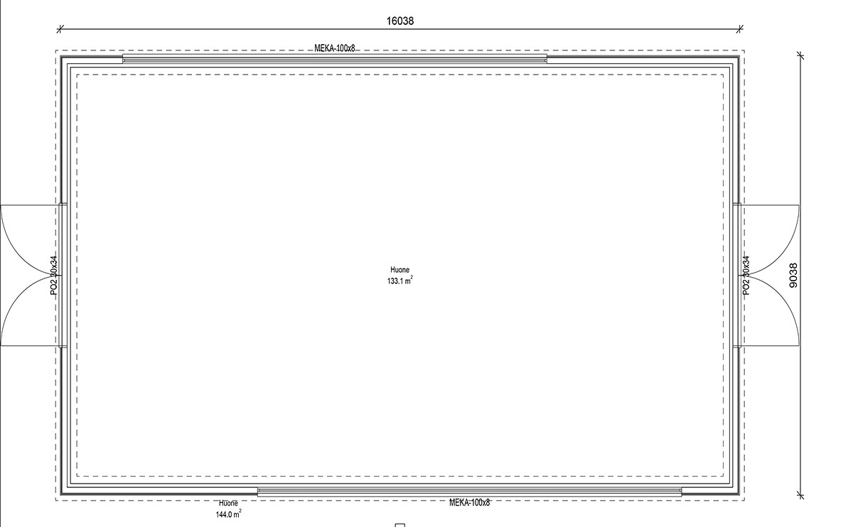 Halli 2 pohjapiirustus — 144 m² hallitila