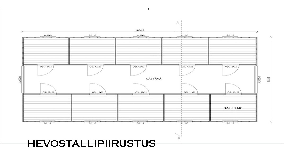 Hevostallipiirustus — karsinat ja käytävä