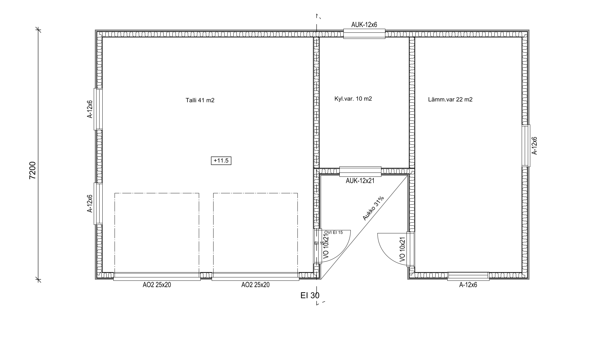 Autotalli ja varastot — talli 41 m², kylmä- ja lämminvarasto