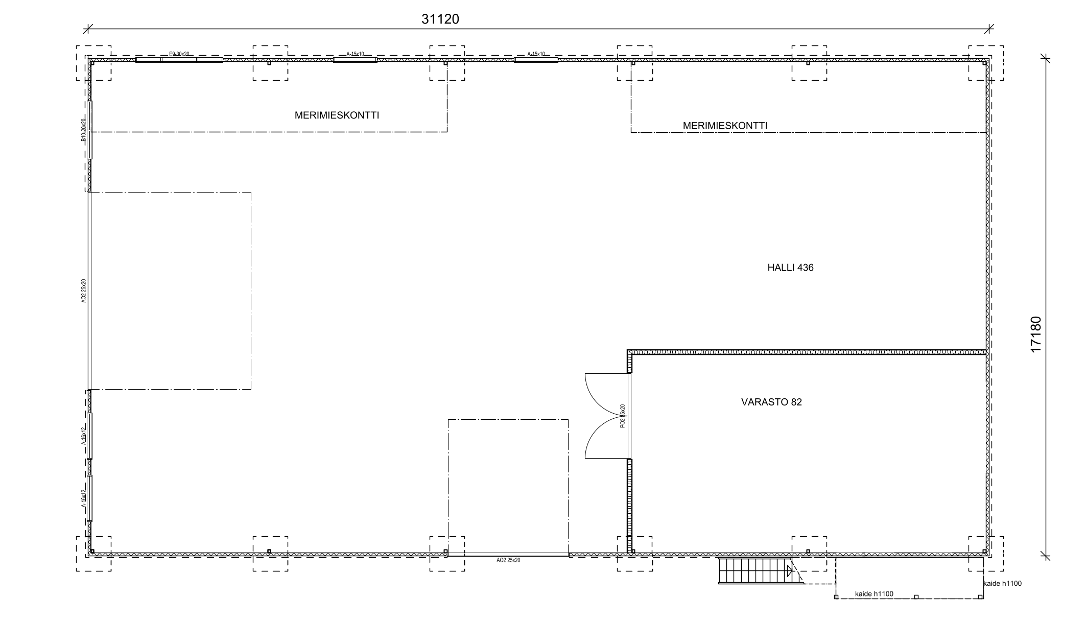 Teollisuushallin pohjakuva — halli 436 m² ja varasto 82 m²