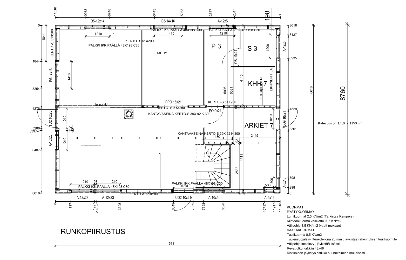 Runkopiirustus — mitoitettu runko, aukot ja palkit