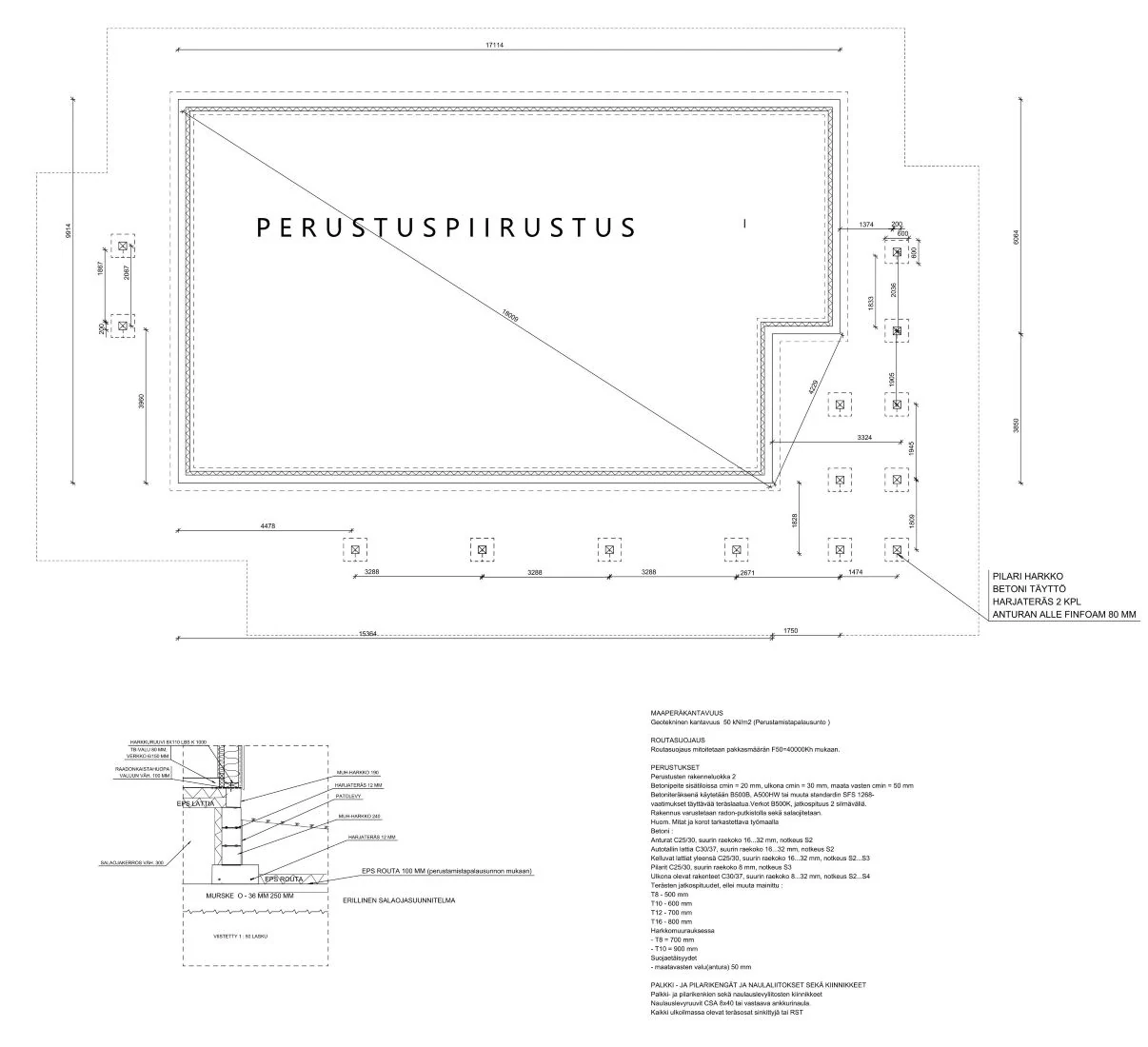 Perustuspiirustus — anturat, pilarit ja perustusdetalji
