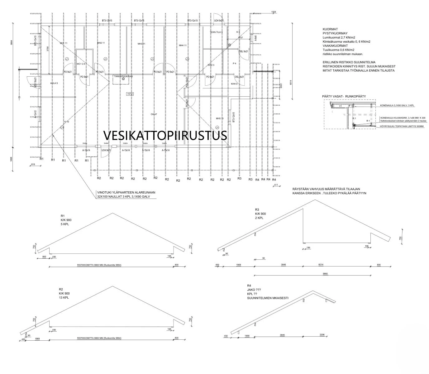 Vesikattopiirustus — ristikoiden sijoitus, päädyn työkuva ja ristikkokaaviot