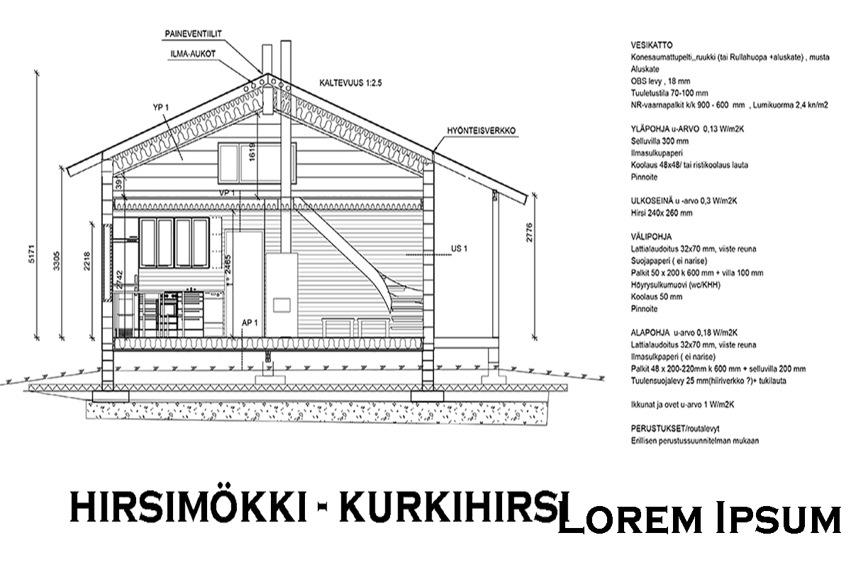 Perinteisen hirsimökin piirustus