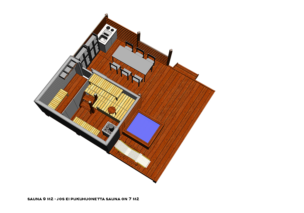 Sauna 9m² pohjapiirustus isometrisesti
